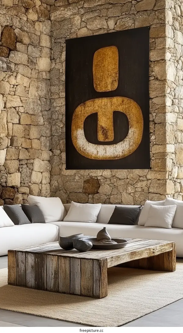 Rustic Modern Living Room with Stone Wall and Abstract Art