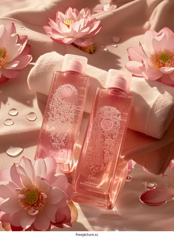 Two bottles of pink transparent liquid surrounded by pink lotus flowers