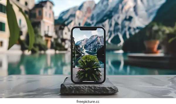 Black Smartphone Displaying A Landscape Image Of Mountains