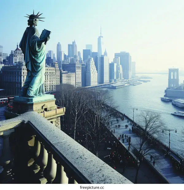 Statue of Liberty overlooking the Manhattan skyline and Brooklyn Bridge
