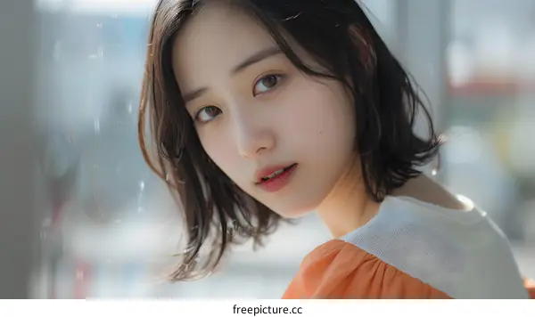 Beautiful Asian Woman with Short Hair Looking at the Camera