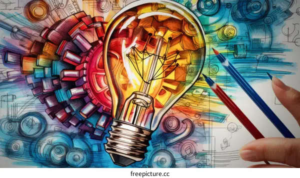 Imaginative gears and light bulb with a hand holding two pencils