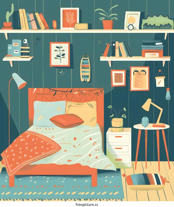 Bedroom Interior Illustration with Bedside Table and Plants