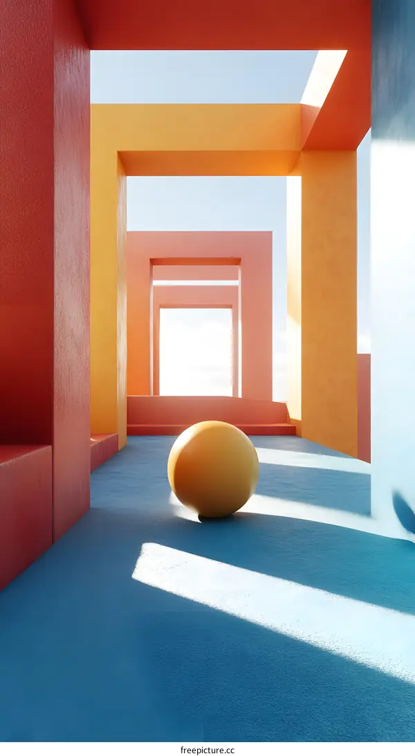 Minimalist 3D Render of Abstract Architecture with a Yellow Sphere