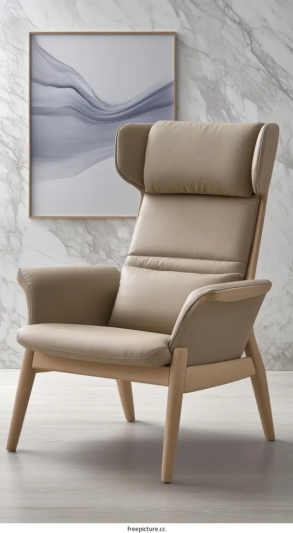 Modern Light Beige Wooden Armchair with Abstract Art