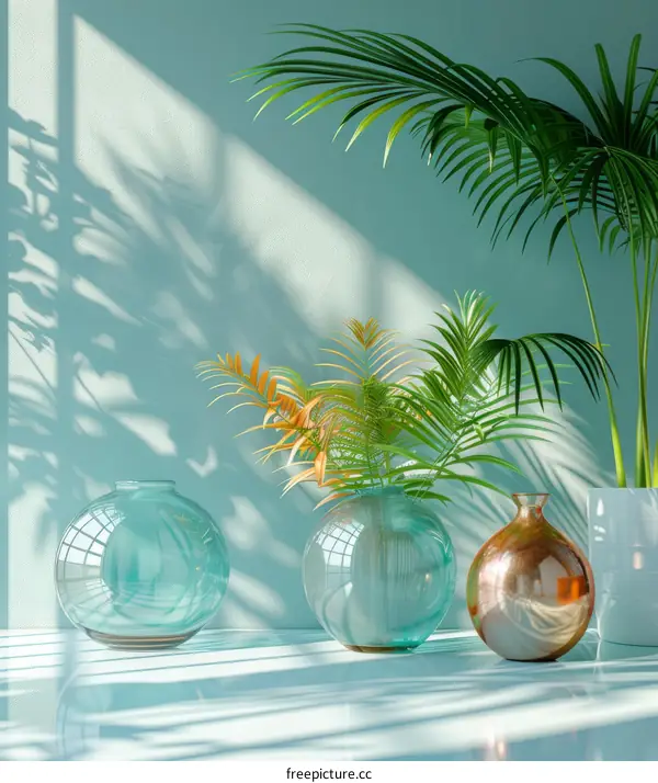 Three Glass Vases with Tropical Leaves on Blue Background