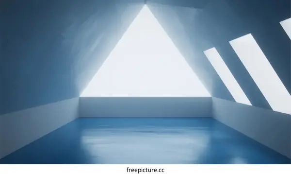 Minimalist Blue Room with Triangular Ceiling Window and Reflective Floor