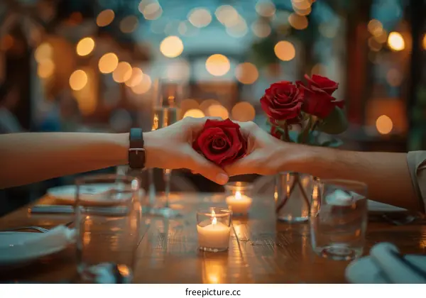 A couple is holding a red rose