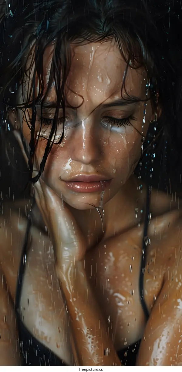 A woman with wet hair and face