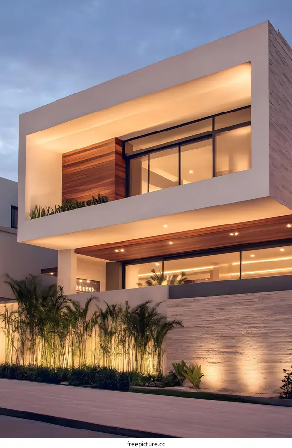 Modern Architecture Home With Wooden Panels And Large Windows