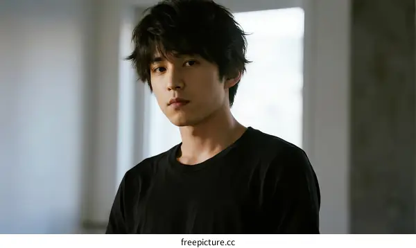 A young man with short black hair wearing a black T-shirt