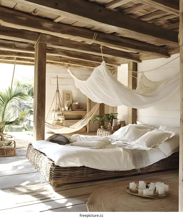 Rustic Wooden Canopy Bed with Hammock and Wicker Furniture in Bedroom Interior