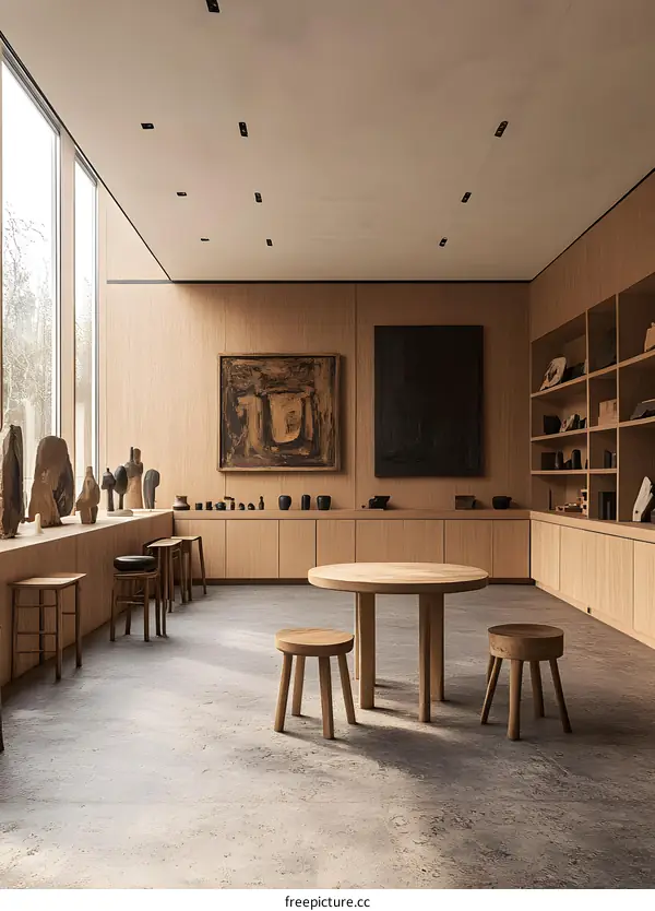 Modern Minimalist Art Studio Interior Design With Wooden Furniture and Abstract Paintings