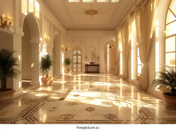 Bright and spacious hall with marble floor, high ceiling and big windows