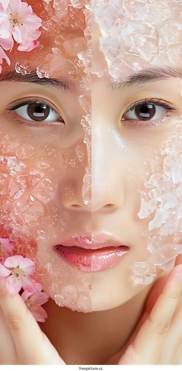 Woman with Ice and Flowers on her Face