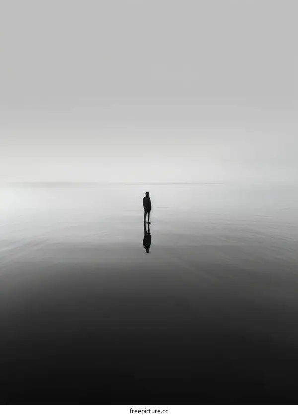 Man standing alone in the middle of a vast body of water