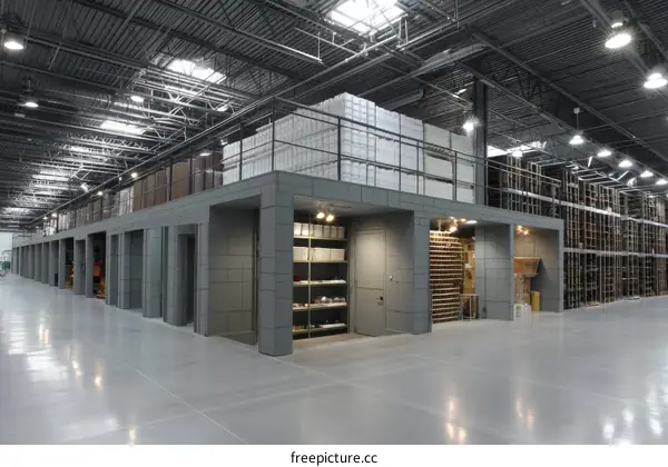Modern Warehouse Interior with Elevated Storage