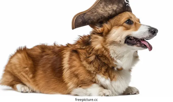 A cute corgi dog wearing a pirate hat