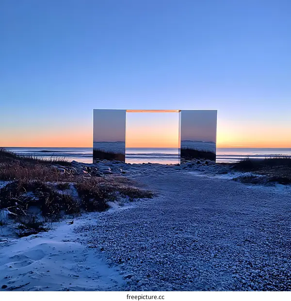 Mirrored Gateway at Sunset on a Beach