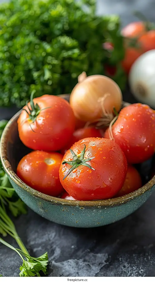 bowl of red ripe tomatoes with water drops