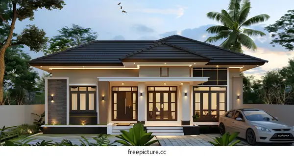 Modern Tropical House Design with Black Roof and Car