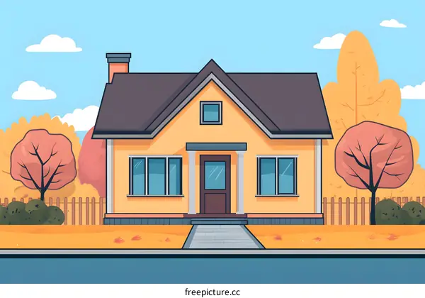 Autumn House Illustration with Yellow Walls and Brown Roof