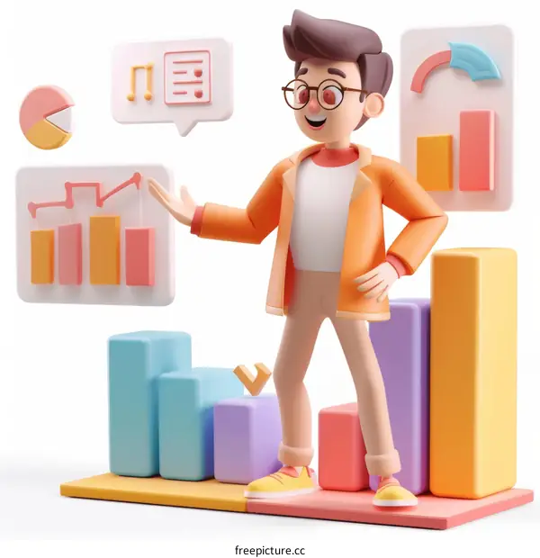 3D Cartoon Character Presenting Business Data Charts