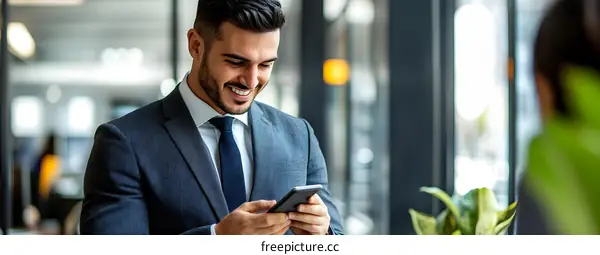 Smiling Businessman Using Smartphone in Office
