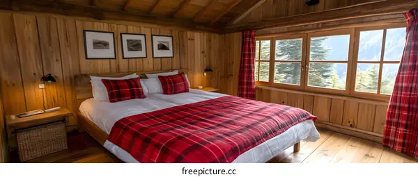 Wooden Cabin Bedroom with Mountain View