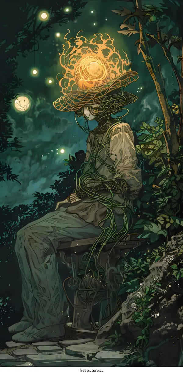 Fantasy Illustration of a Person Sitting on a Bench in a Forest with Vines and Glow