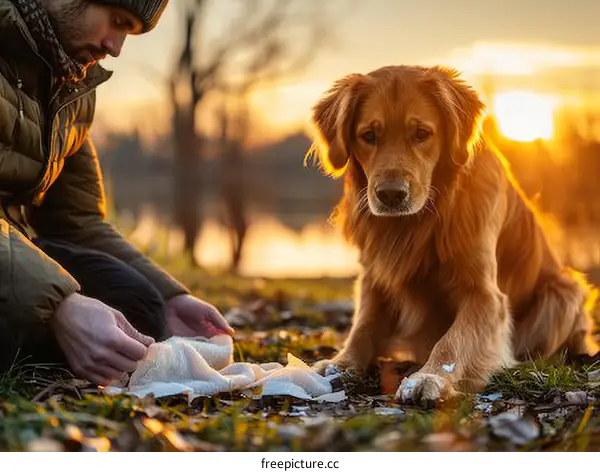 Man helps injured dog by the lake at sunset