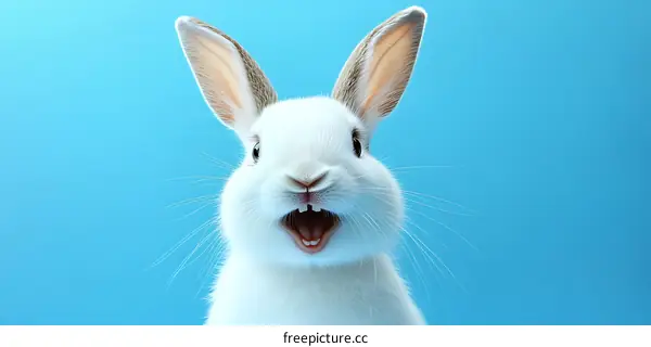 Cute White Rabbit Close-up on Blue Background