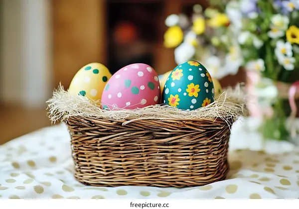 Easter Eggs in a Wicker Basket with Flowers in Background