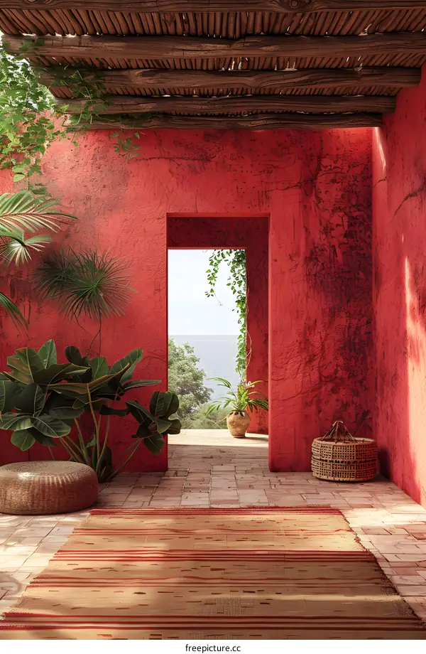 Red Painted Room with Ocean View