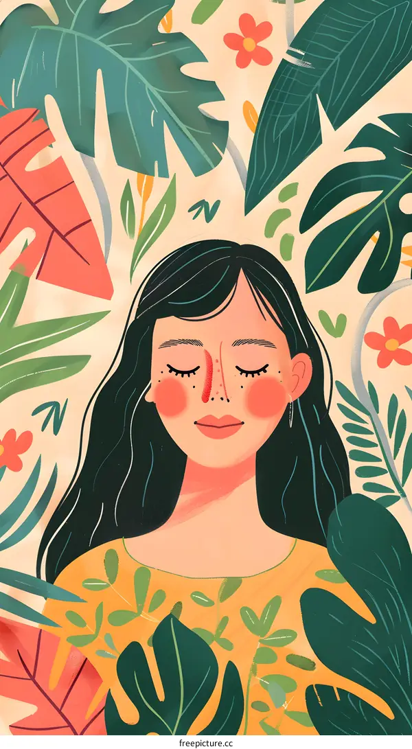Woman with Closed Eyes Surrounded by Tropical Plants