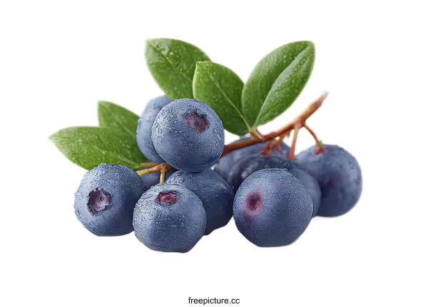 [Transparent Background PNG]Fresh Blueberries with Green Leaves on White Background
