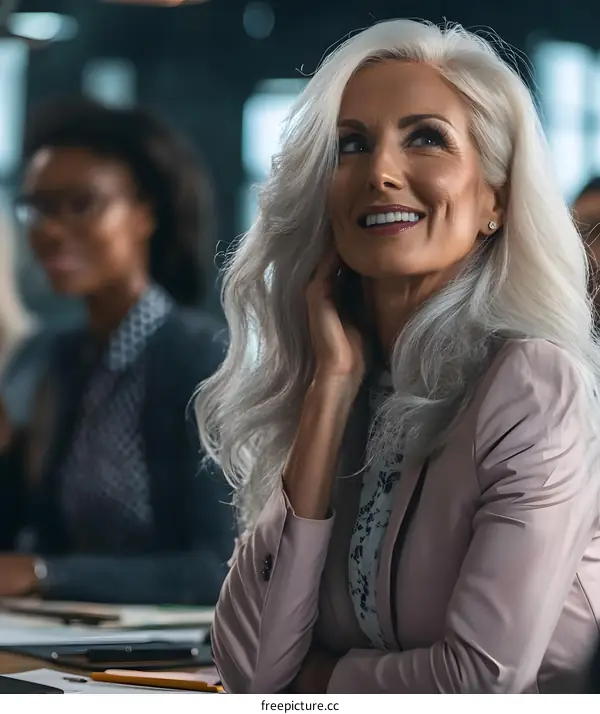 Smiling Business Woman with Gray Hair Listening to a Presentation in a Meeting