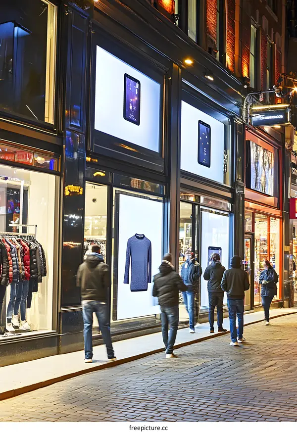 People walking by store windows with displays showcasing clothing and smartphones