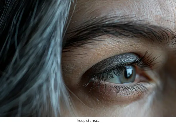 Close-up of a woman's eye with gray hair