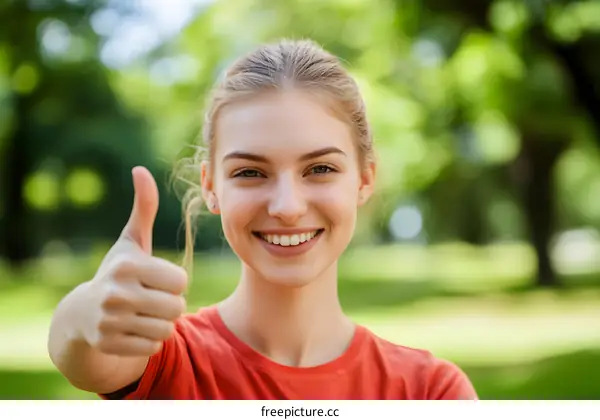 Smiling Woman Giving Thumbs Up in Park