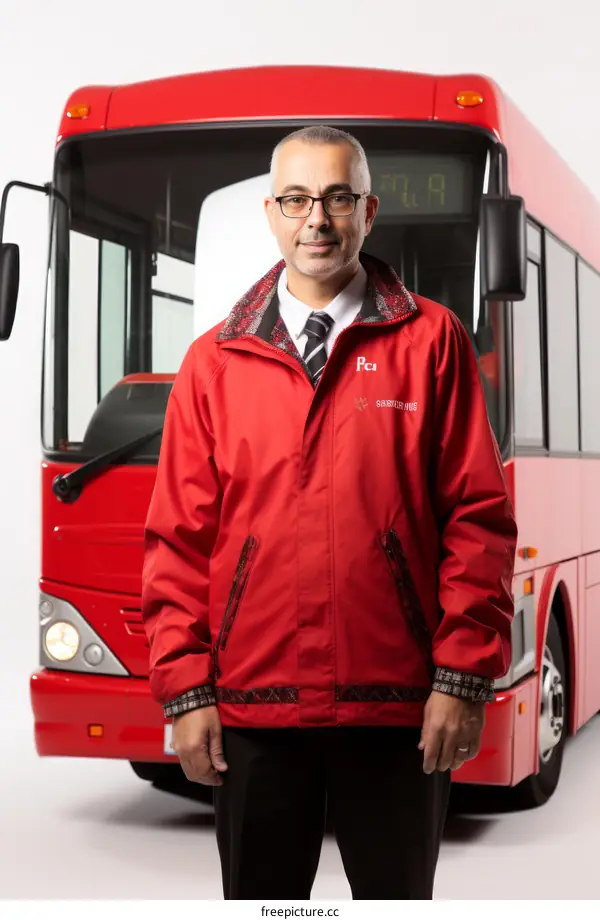 portrait of a bus driver in uniform standing in front of a red bus