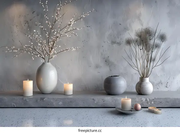 Modern Concrete Shelf with Stone Vases and Candles