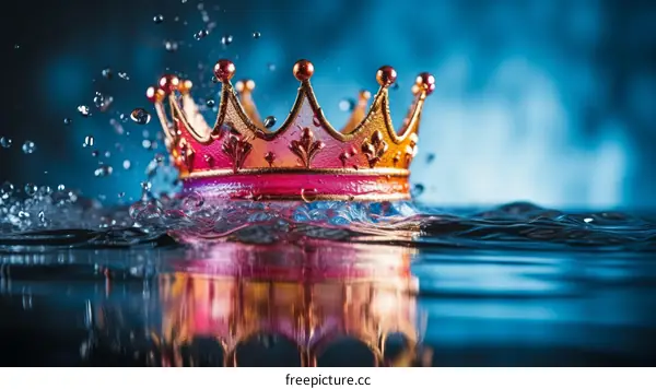 Exquisite royal gold crown sitting on the surface of splashing water