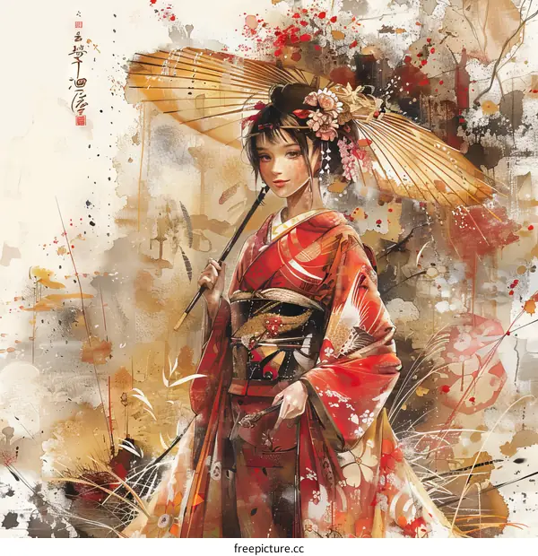 An Asian woman wearing a red kimono and holding an umbrella.