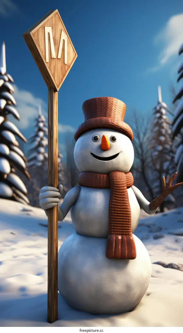 Smiling Snowman in a Snowy Forest