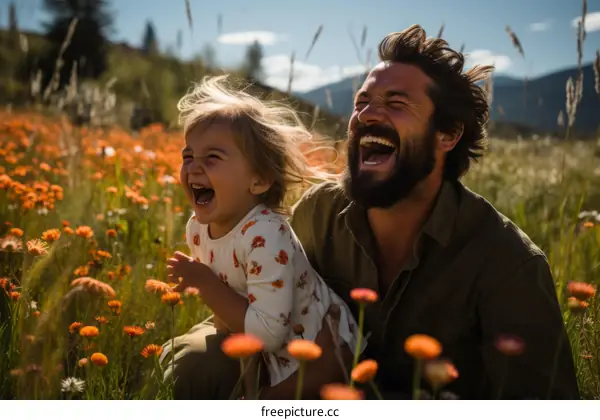 Father and daughter laughing in a field of flowers
