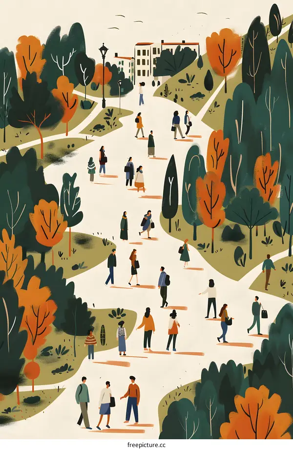 Autumn Park Illustration With People Walking on Paths
