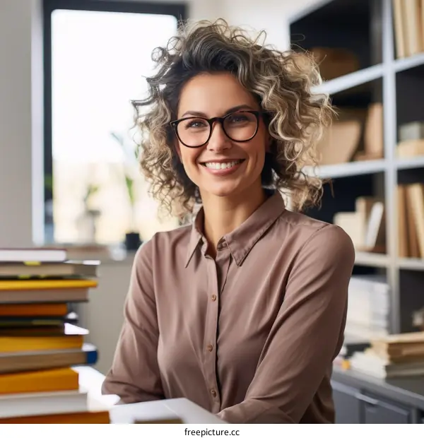 portrait of a smiling young woman with curly hair and glasses sitting at a desk in an office