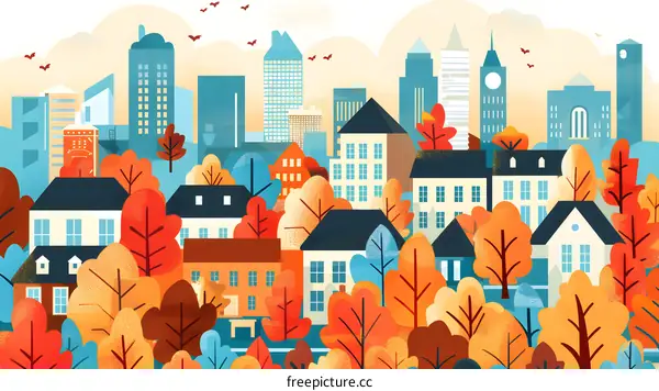 Autumn Cityscape with Colorful Trees and Buildings