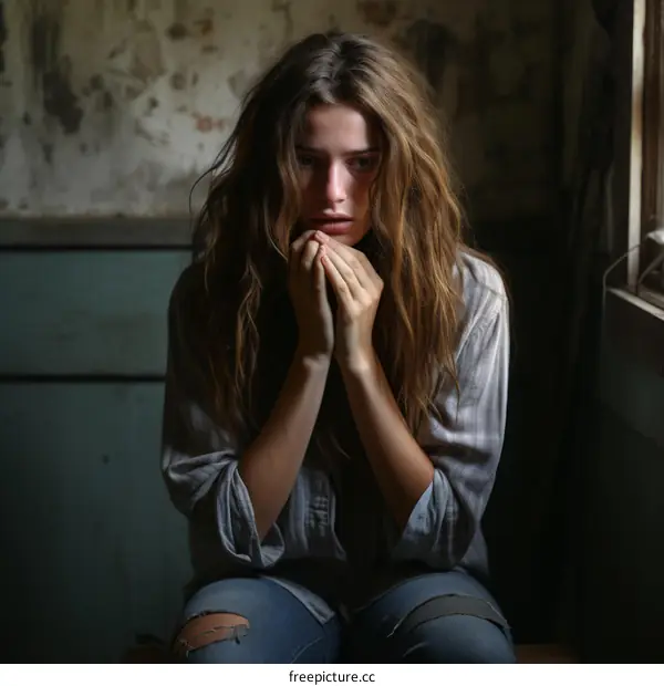 Portrait of a young woman with long brown hair sitting on a bench in a dark room